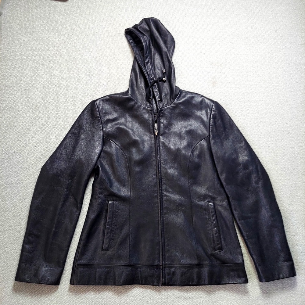 Jacqueline Ferrar Jacket Women Medium Black Leather Hooded Zip Up Nappa Casual